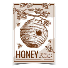 Beehive House Of Wild Bee On Branch Poster Vector. Organic Nature Wax Bee Home With Circular Entrance For Flying Insect Colony On Leaves Tree. Template Hand Drawn Monochrome Illustration