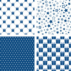 Wall Mural - Set of blue seamless patterns. Vector backgrounds with gift boxes, stars, polka dot. For wallpaper, fabric print