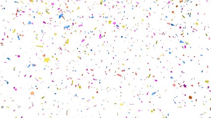Multicolor confetti abstract background with a lot of falling pieces, isolated on a white background. Festive decorative tinsel element for design. 3d render