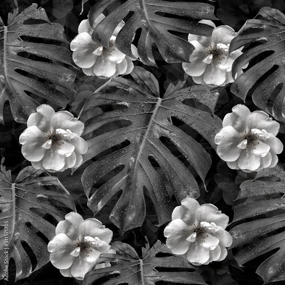kwiaty-i-monstera-pozostawiaja-czarno-bialy-kwiatowy-wzor