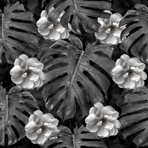 kwiaty-i-monstera-pozostawiaja-czarno-bialy-kwiatowy-wzor