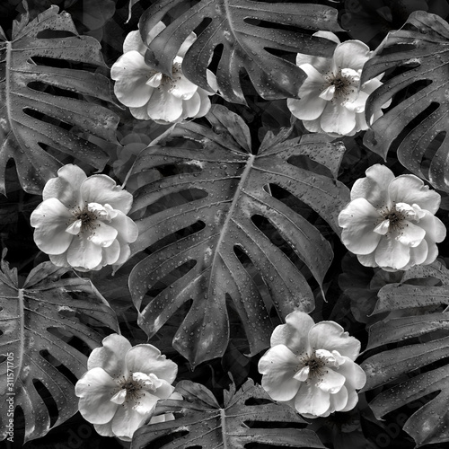 Naklejka na drzwi Flowers and monstera leaves black and white floral pattern