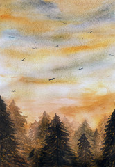 Wall Mural - watercolor sunset in the forest background