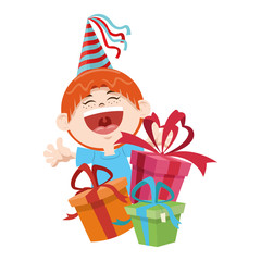 Wall Mural - cartoon happy boy with birthday gifts boxes, colorful design