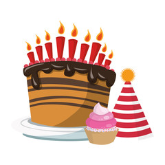 Sticker - birthday cake with party hat and cupcake, colorful design