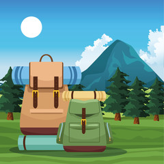 Wall Mural - beautiful mountains and trees landscape with travel backpacks