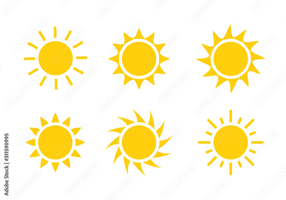 Sun icon symbol illustration, Sunlight design weather. Flat sunshine isolated set of sun logo - obrazy, fototapety, plakaty 