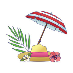 Poster - parasil with beach hat and beautiful flowers