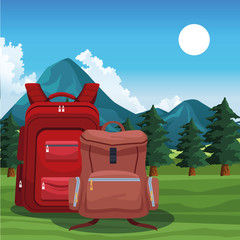 Wall Mural - beautiful mountains and trees landscape with backpacks
