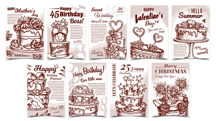 Canvas Print - Cake Pie Delicious Collection Posters Set Vector. Birthday Anniversary, Valentine And Wedding Day Celebrating Sweet Cake Concept Template Hand Drawn In Vintage Style Monochome Illustrations