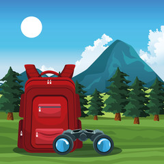 Wall Mural - beautiful mountains and trees landscape with backpack and binoculars