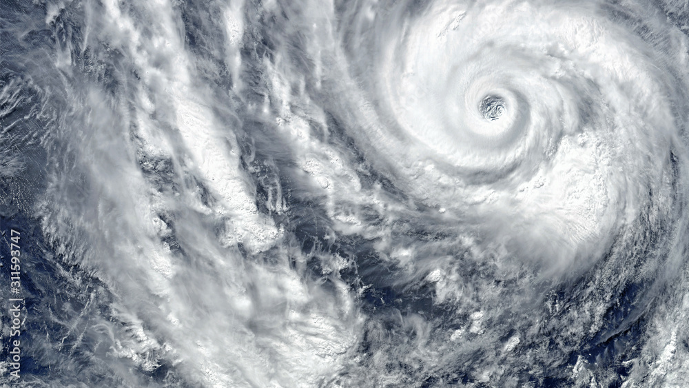 Eye of the Hurricane. Hurricane on Earth. Typhoon over planet Earth.. Category 5 super typhoon approaching the coast. View from outer space. (Elements of this image furnished by NASA) - obrazy, fototapety, plakaty 