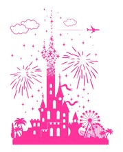 Fairytail Pink Castle With A Landscape Of Attractions, Fireworks And Airliner. Tourist Tour For Children In An Amusement Park. Illustration, Vector