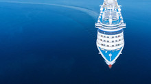 Aerial View Of Beautiful White Cruise Ship Above Luxury Cruise In The Ocean Sea  Concept Tourism Travel On Holiday Take A Vacation Time On Summer.