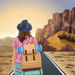 Wall Mural - beautiful western landscape with traveler woman standing