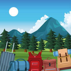 Wall Mural - beautiful mountains and trees landscape with travel backpacks and bags