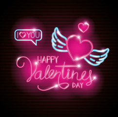 Wall Mural - happy valentines day with heart and wings of neon lights vector illustration design