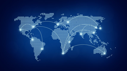 Poster - Dotted world map with curving lines or flight paths connecting highlighted cities. Blurred dark blue background in 4k resolution. Concept photo of global communications, traveling and globalisation.