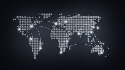 Poster - Dotted world map with flight paths connecting highlighted cities. Blurred dark gray background in black and white in 4k resolution. Concept photo of global communications, traveling and globalisation.