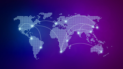 Poster - Dotted world map with curving lines or flight paths connecting cities. Blurred dark blue and purple background in 4k resolution. Concept photo of global communications, traveling and globalisation.