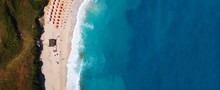 Aerial Drone Ultra Wide Photo Of Secluded Turquoise Exotic Paradise Bay With Sandy Beach