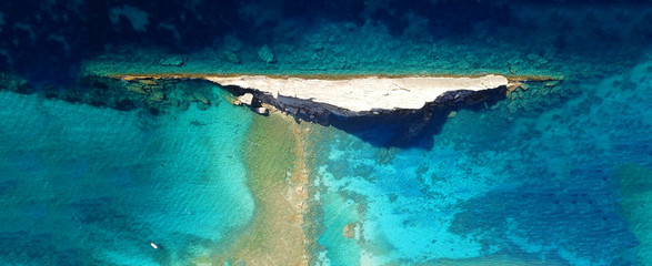 Wall Mural - Aerial drone ultra wide photo of secluded turquoise exotic paradise bay with sandy beach