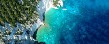Aerial Drone Ultra Wide Photo Of Paradise White Bay With Turquoise Clear Sea In Island Of Kefalonia, Ionian, Greece
