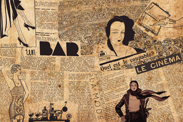 Paris, France - December 15, 2019: Collage of french newspaper headlines, draws and articles in 1930s - french atmosphere theme