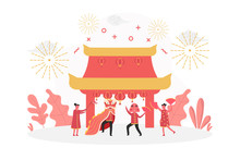 Concept Of Chinese New Year Celebration With Happy Tiny People Character Playing Lion Dance, Flat Vector Illustration For Web, Landing Page, Ui, Banner, Editorial, Mobile App And Flyer