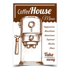 Canvas Print - Coffee Maker Machine Front View Poster Vector. Coffee House Electronic Machine For Brew Espresso. Bar Equipment Depicted On Menu Concept Template Designed In Vintage Style Monochrome Illustration