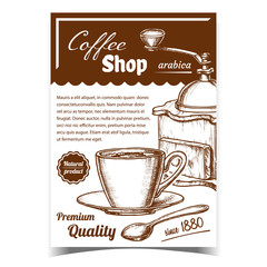 Canvas Print - Old Manual Coffee Grinder And Cup Poster Vector. Retro Tool For Grinding Coffee Beans, Mug With Natural Product And Spoon. Antique Machine For Make Arabica Hot Drink Monochrome Template Illustration