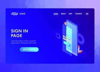 Poster - Sign in login form concept. UI/UX material web design template with smartphone login screen window and sign up design interface form. Vector website template or landing page