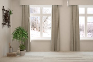 Mock up of empty room in white color with winter landscape in window. Scandinavian interior design. 3D illustration