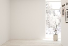 Mock Up Of Empty Room In White Color With Winter Landscape In Window. Scandinavian Interior Design. 3D Illustration