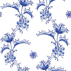 Russian folk motif art Gzhel seamless pattern. Floral botanical repeat background. Cute decorative flowers, plants and berries.