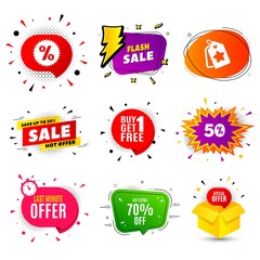 Get Extra 70% off Sale. Banner badge, flash sale bubble. Discount offer price sign. Special offer symbol. Save 70 percentages. Last minute offer. Sticker badge, comic bubble. Discounts box. Vector