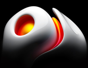 3d render of abstract art 3d background based on fragment of ball in organic curve round smooth and soft bio form in white glossy ceramic material with red and orange gradient matte plastic parts 