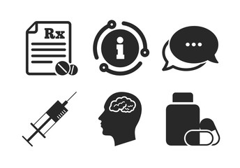 Poster - medical tablets bottle, head with brain, prescription rx and syringe signs. chat, info sign. medicin