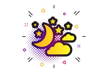 Wall Mural - Moon, clouds and stars icon. Halftone dots pattern. Sleep dreams symbol. Night or bed time sign. Classic flat stars icon. Vector