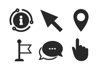 Poster - Hand or Flag pointer symbols. Chat, info sign. Mouse cursor icon. Map location marker sign. Classic style speech bubble icon. Vector
