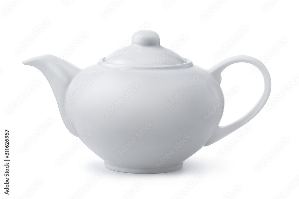 Side view of white ceramic teapot - obrazy, fototapety, plakaty 