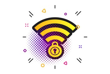 Poster - Wifi locked sign. Halftone dots pattern. Password Wi-fi symbol. Wireless Network icon. Wifi zone. Classic flat wifi icon. Vector