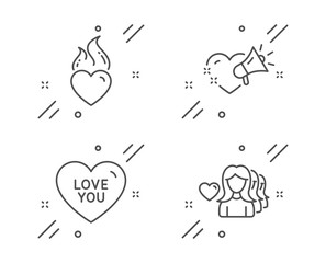 Wall Mural - Love you, Love message and Heart flame line icons set. Sweetheart, Heart, Romantic people. Love set. Line love you outline icon. Vector