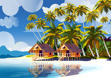 Polynesia Tropical Beach Landscape With Traditional Houses And Palm Trees.