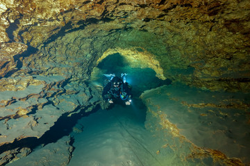 cave diving in the cross under tunnel at madison blue spring state park, madison county, florida