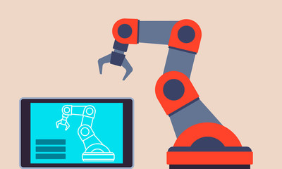 Poster - Industrial robot arm and tablet. Programming Robotic Systems. Vector illustration