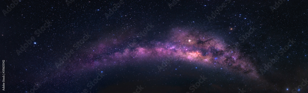 Night sky with panorama view of Milky Way - obrazy, fototapety, plakaty 