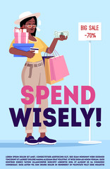 Wall Mural - Spend wisely poster vector template. Addiction to shopping overcoming. Brochure, cover, booklet page concept design with flat illustrations. Advertising flyer, leaflet, banner layout idea