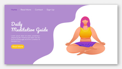 Poster - Daily meditation guide landing page vector template. Yoga poses. Healthy lifestyle. Bodypositive website interface idea with flat illustrations. Homepage layout, web banner, webpage cartoon concept