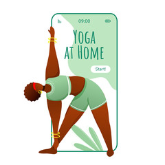 Poster - Yoga at home smartphone interface vector template. Triangle pose. Mobile app page green design layout. African American, dark-skinned woman doing yoga on screen. Flat UI for application. Phone display